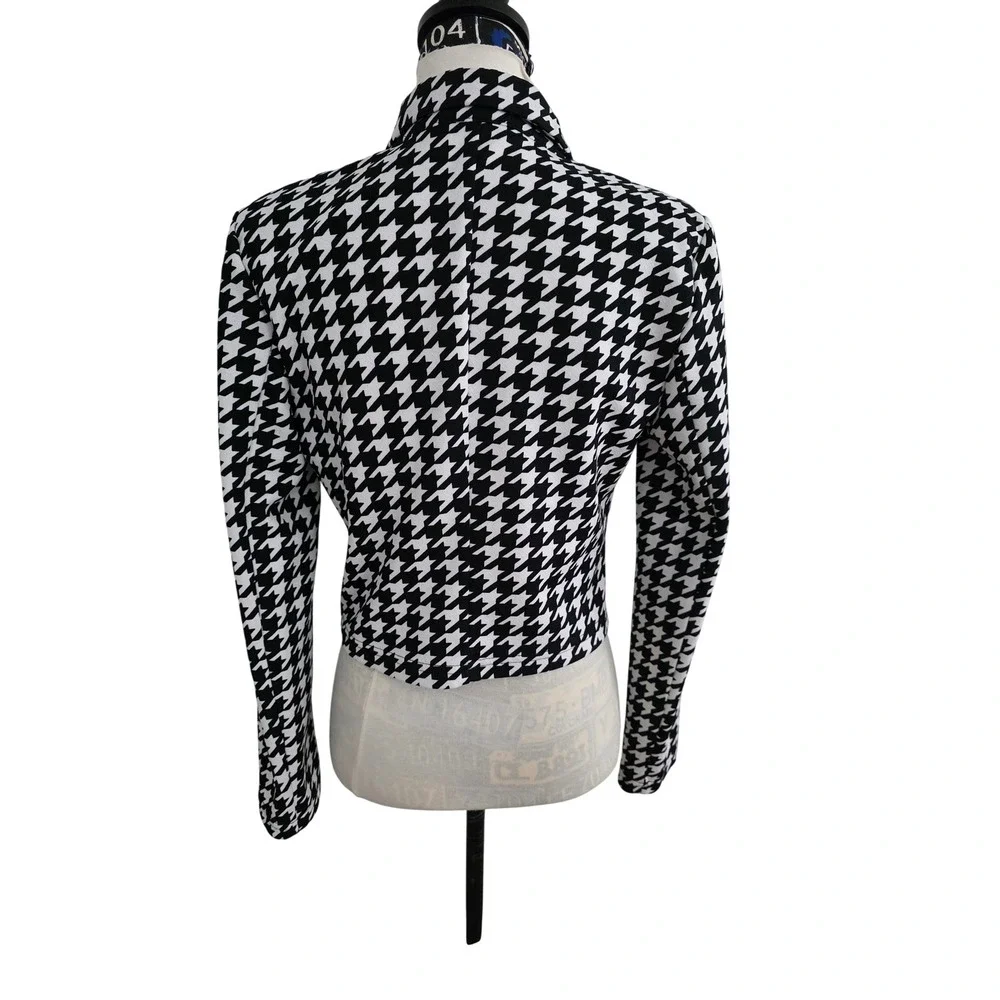 SHEIN Womens Black White Houndstooth Cropped DoubleBreasted Blazer Jacket Medium